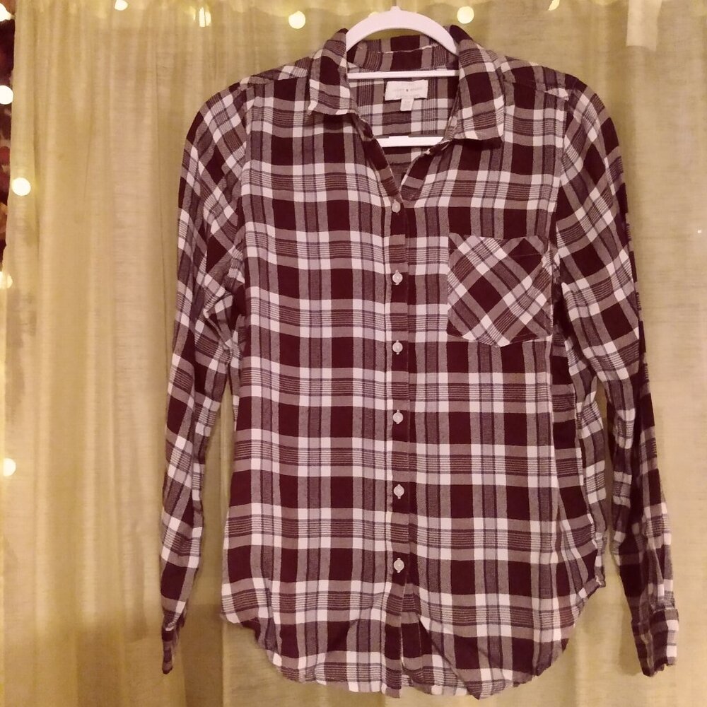 Lucky Brand Plaid Flannel Plaid Burgundy & White Small Petite
